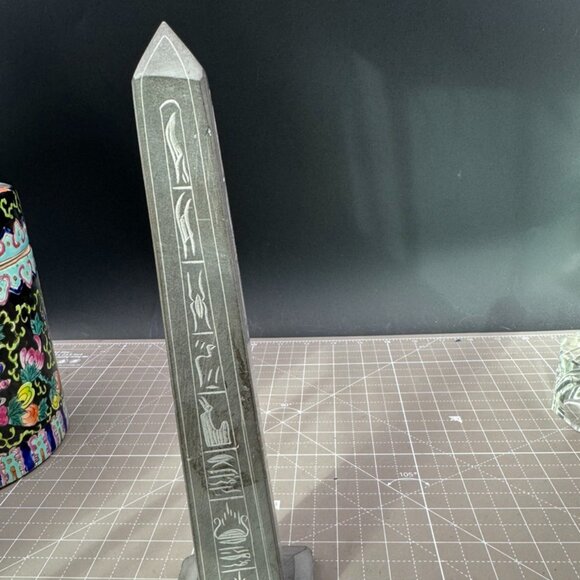 Egyptian Style Obelisk Figurine With Hieroglyphs Stone Material 9 1/4" Tall Home - Picture 4 of 4